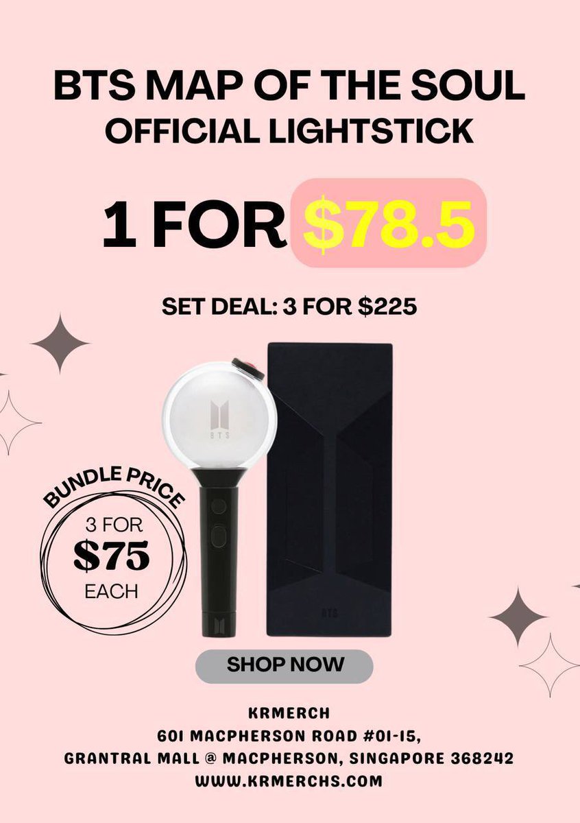🛍 instock 🛍
➡️ DEAL ✨ bts map of the soul official lightstick 

1 for $78.5
3 for $225

➡️ bts map of the soul lightstick keyring avail

krmerchs.com/search?q=bts+m…

krmerchs.com/products/bts-m…

📍address
601 macpherson road
grantral mall @ macpherson #01-15
singapore 368242