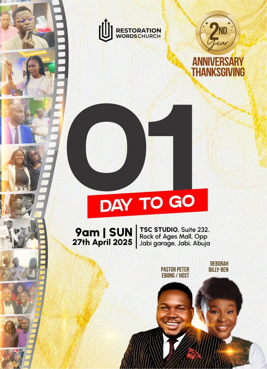 RestorationWrds's tweet photo. Only 1 day left!💃🏾

 Restoration Words Church 2nd Anniversary Thanksgiving is almost here!

See you tomorrow at 9AM, TSC Studio, Jabi, Abuja!🎉 https://t.co/zbMRYRJioH