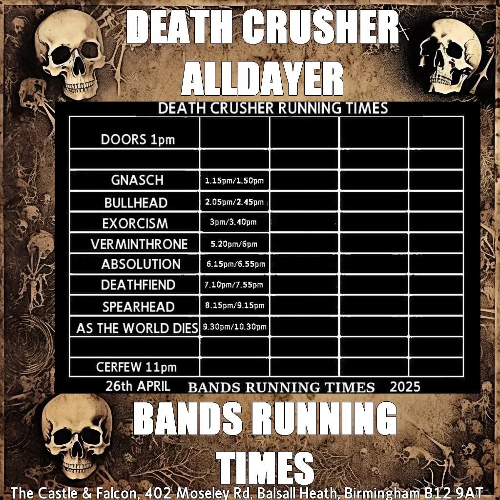 Today!
Death Crusher All Dayer. Saturday, 26th April. Castle &amp; Falcon. Birmingham
Tickets...
skiddle.com/whats-on/Birmi…