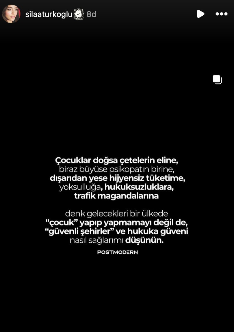 Kızılcık Şerbeti oyuncusu Sıla Türkoğlu:

“Çocuk yapıp yapmamayı değil de, güvenli şehirler ve hukuka güveni nasıl sağlarım, onu düşünün.”