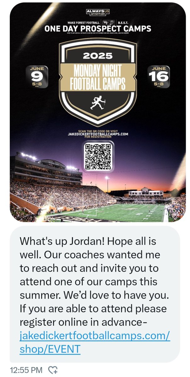 Jordan Williams (@_jordanwilliams) on Twitter photo Thank you <a href="/TrentKnapp/">Trent Knapp</a> and <a href="/WakeFB/">Wake Forest Football</a> for the camp invite.
<a href="/coachwolfe16/">Ryan Wolfe</a> <a href="/bhernyscoutguy/">Brian Herny</a> <a href="/RecruitingBh/">BH Recruiting Assistance</a> <a href="/Horsepower904/">Middleburg Football</a> <a href="/Alanwilliams_1/">Alan Williams</a> <a href="/GregDaniels_OL/">Greg Daniels</a> Thank you <a href="/TrentKnapp/">Trent Knapp</a> and <a href="/WakeFB/">Wake Forest Football</a> for the camp invite.
<a href="/coachwolfe16/">Ryan Wolfe</a> <a href="/bhernyscoutguy/">Brian Herny</a> <a href="/RecruitingBh/">BH Recruiting Assistance</a> <a href="/Horsepower904/">Middleburg Football</a> <a href="/Alanwilliams_1/">Alan Williams</a> <a href="/GregDaniels_OL/">Greg Daniels</a>