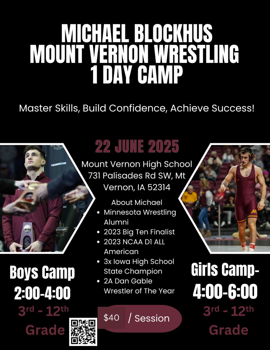 Mt. Vernon Girls Wrestling (@mv_girlswrestle) on Twitter photo We are excited to be hosting <a href="/michaelblockhus/">Michael Blockhus</a> for a one day camp on Sunday, June 22nd. Boys camp will be from 2-4 and the girls camp will follow 4-6. Please use the QR code at the bottom to register. We are excited to be hosting <a href="/michaelblockhus/">Michael Blockhus</a> for a one day camp on Sunday, June 22nd. Boys camp will be from 2-4 and the girls camp will follow 4-6. Please use the QR code at the bottom to register.