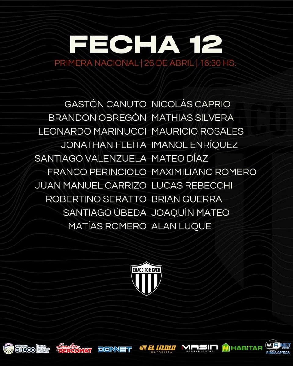#PrimeraNacional 

Convocados por Ricardo Pancaldo para enfrentar a San Telmo, partido correspondiente a la fecha 12 de la Primera Nacional, Zona B.

⏰16:30
📺 TyC Sports Play
👨🏻‍⚖️ Fabricio Llobet 

#VamosNegro