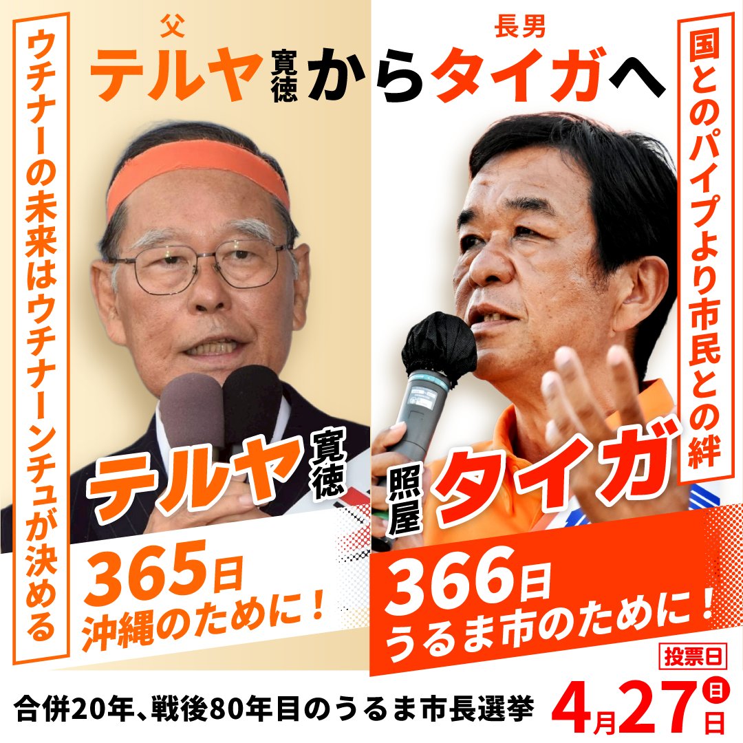 taigauruma's tweet photo. 照屋タイガ最後の訴えです。

366日うるま市民のために！
365日を超えて、あと1日、もう1日

うるま市民の皆さまのために力を尽くせる市長に
立ち向かい未来を拓く
市民と一緒に希望の一歩をつくる　

照屋タイガに最後の最後までのご支持、ご支援をお願いします！ https://t.co/lC1svZssFY