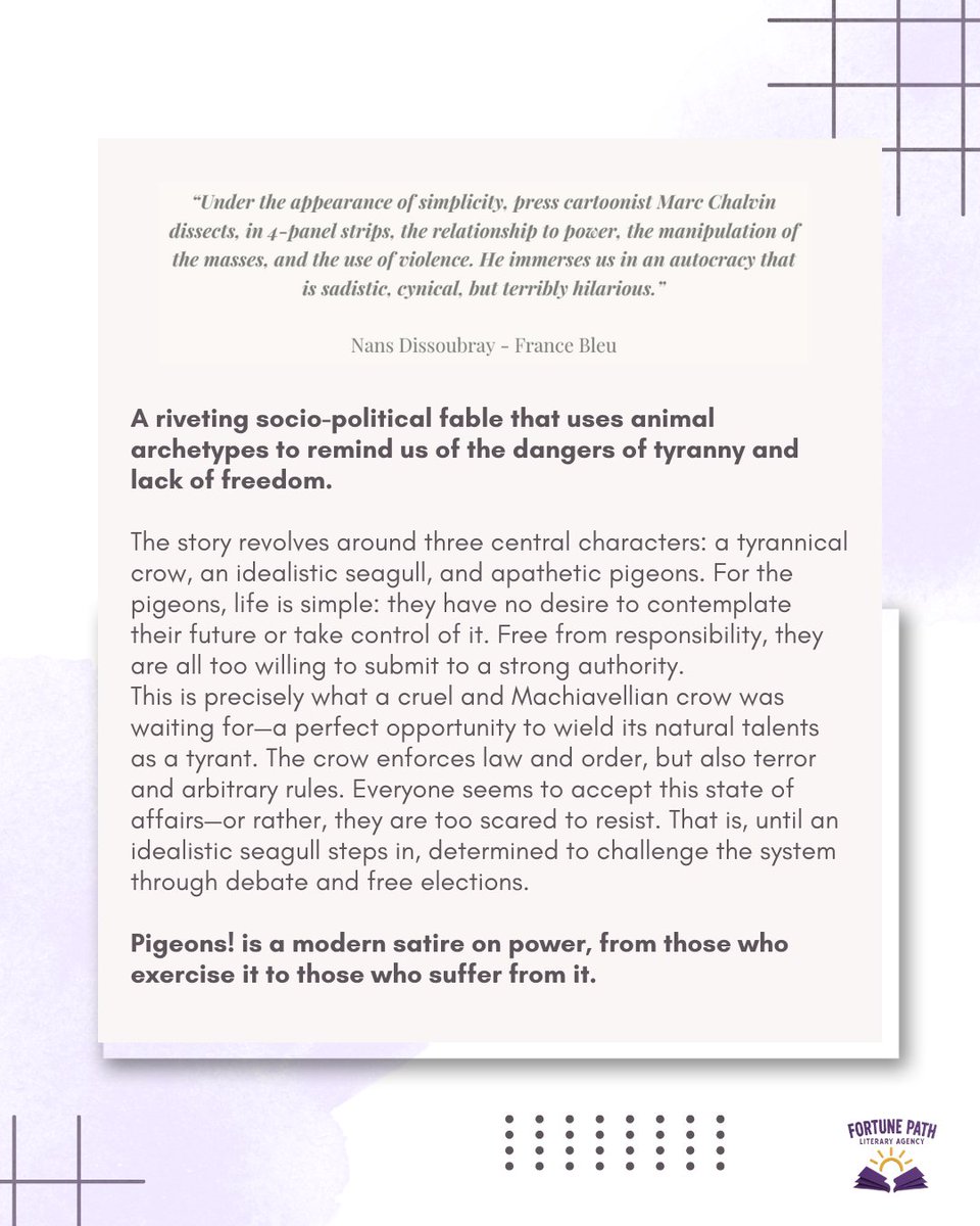 FortunePath_Lit's tweet image. A riveting socio-political fable that uses animal archetypes to remind us of the dangers of tyranny and lack of freedom.

For rights inquiries in Southeast Asia, feel free to contact us.
📩 Email: fortunepathagency@gmail.com

#Satire #ModernFable #PigeonsBook #FreedomVsTyranny