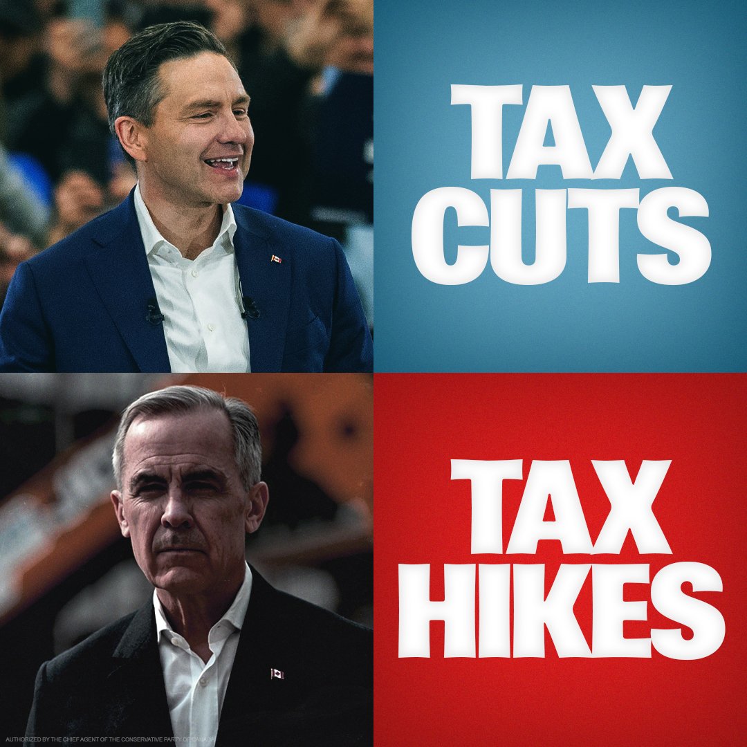 This is the choice:

More reckless debt and soaring costs with Mark Carney and the same Liberals who fuelled inflation.

OR

Responsible change with our Conservative Economic Action Plan — to cut taxes, build a strong economy, and bring home lower prices. 

Vote for Change. Vote