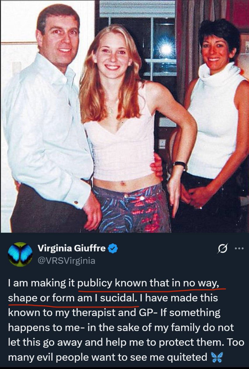 JulietteBryant's tweet photo. I AM NOT SUICIDAL AND NEVER WILL BE

VIRGINIA WAS NOT SUICIDAL EITHER 😢 

#EPSTEIN… https://t.co/klHYX4G7HX