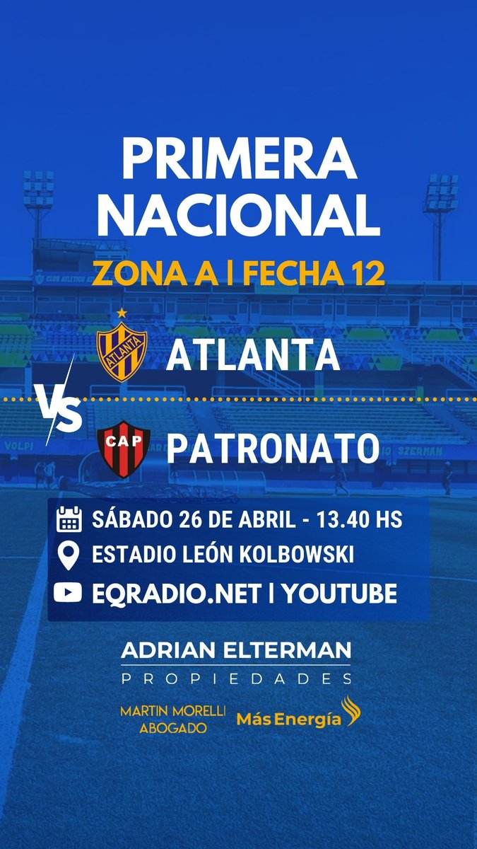 ⚽️ #PrimeraNacional #ZonaA
➡️ #Fecha12 #Atlanta recibe a Patronato.

🏟️ León Kolbowski | 13.40 h.

🔔 Suscribite al canal de #YouTube bit.ly/42ZtRxD
🤳Seguinos en #Instagram y en #TikTok bit.ly/3zYfcID

#AtlantaDeMiVida 💛💙