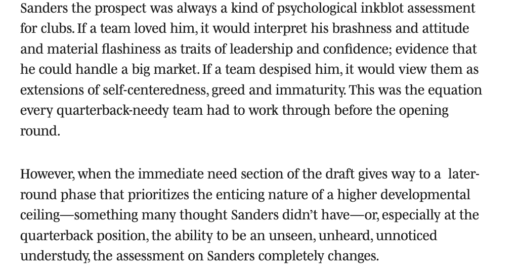 ConorOrr's tweet photo. After round 1, it was fair to blame those who conjured Shedeur's draft stock in order to manufacture drama. 

After rounds 2-3, it's fair to take a look at Sanders Inc. and the role it had in making Shedeur a lesser option as an NFL backup. https://t.co/VaLzxRHXuf