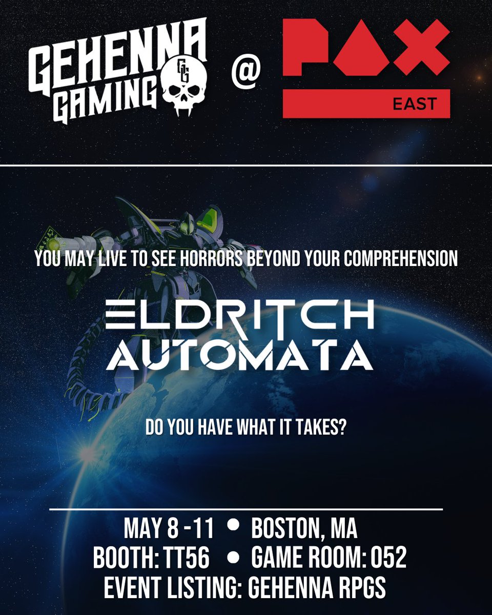GehennaGaming's tweet photo. The fight for humanity will arrive at PAX East in just a few short weeks. We are excited to have a hefty schedule for you guys to experience Eldritcha Automata which will be revealed soon! #EldritchAutomata #CosmicHorror #TTRPG #Evangelion #MechaRPG #PAX #PAXEast #HorrorGaming https://t.co/ZKqC8lEJIo