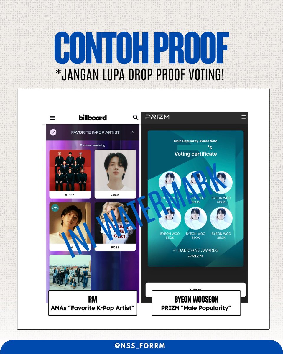 Namjoon Indonesia ๐ฎ๐ฉ (@nss_forrm) on Twitter photo ๐ฅ VOTING COLLABORATIONS ๐ฅ
โ RM X BYEON WOOSEOK
Halo semuanya! Namjoon Indonesia akan berkolaborasi dengan <a href="/BWSVoting/">Byeon Wooseok Voting</a> untuk vote RM di AMAs dan Byeon Wooseok di PRIZM Baeksang.
Mekanisme:
๐ฃ ARMY vote Byeon Wooseok di PRIZM BAEKSANG (1 akun = maksimal 6 votes)
๐ ๐ฅ VOTING COLLABORATIONS ๐ฅ
โ RM X BYEON WOOSEOK
Halo semuanya! Namjoon Indonesia akan berkolaborasi dengan <a href="/BWSVoting/">Byeon Wooseok Voting</a> untuk vote RM di AMAs dan Byeon Wooseok di PRIZM Baeksang.
Mekanisme:
๐ฃ ARMY vote Byeon Wooseok di PRIZM BAEKSANG (1 akun = maksimal 6 votes)
๐