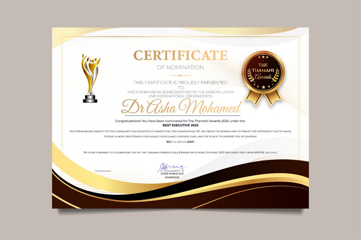 Mohamed Bahero. (@baheromohamed) on Twitter photo Let's support and vote for <a href="/AshaMohammed_/">Dr. Asha Mohammed</a> The Current Permanent Representative of IFRC to the #AfricanUnion. Nominated as the #Thamani Award's Best Executive 2025.
Vote as many times by sending "BE5" to 21007.
<a href="/MahmoudNoor03/">Mahmoud Noor - Mentor</a>
<a href="/cherrylexly/">cherryloduor</a>
@Albashir_Kaka01 Let's support and vote for <a href="/AshaMohammed_/">Dr. Asha Mohammed</a> The Current Permanent Representative of IFRC to the #AfricanUnion. Nominated as the #Thamani Award's Best Executive 2025.
Vote as many times by sending "BE5" to 21007.
<a href="/MahmoudNoor03/">Mahmoud Noor - Mentor</a>
<a href="/cherrylexly/">cherryloduor</a>
@Albashir_Kaka01
