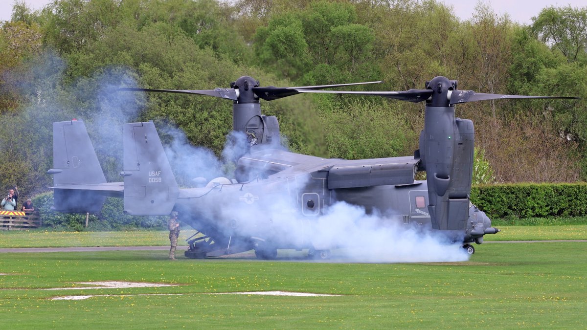 US Air Force V-22B Osprey 11-0058, visiting Manchester Barton Airport for fuel, yesterday.