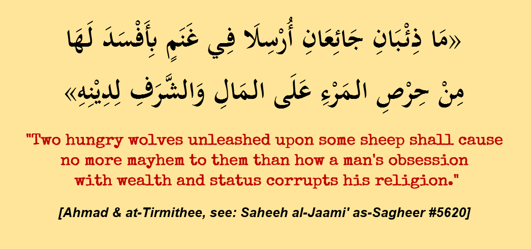 1MMeducation's tweet photo. Obsession with Wealth &amp; Status Destroys a Person's Religion!

Authentic Hadeeth: "Two hungry wolves unleashed upon some sheep shall cause no more mayhem to them than how a man's obsession with wealth and status corrupts his religion." (At-Tirmithee &amp; others, authentic) https://t.co/AKDAvhzYwf