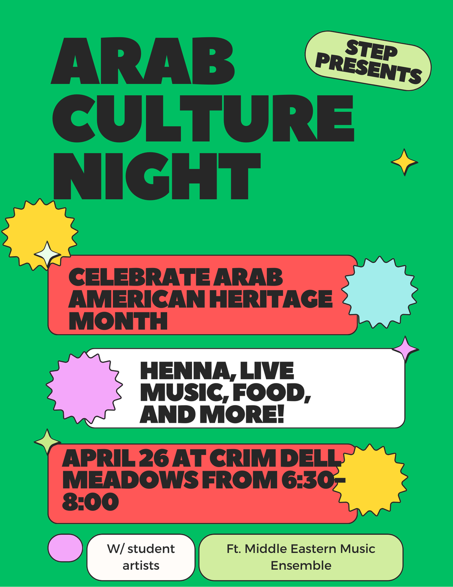 wm_step's tweet image. Stop by Crim Dell Meadows from 6:30 - 8:00pm TONIGHT for Arab Culture Night!! Celebrate Arab American Heritage Month with henna, live music, food, and more!