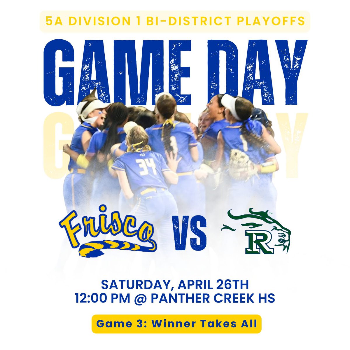 Raccoon Softball (@raccoonsoftball) on Twitter photo Today’s the day. Winner moves onto area.🥎
🆚 Reedy High School
📍Panther Creek HS
📆 April 26th
⏰ 12:00PM
💙 Game 1 Winner: Frisco
💚Game 2 Winner: Reedy
💛Game 3 Winner: _______
Let’s Go Frisco!!💙💛 <a href="/FHSRaccoons/">Frisco High School</a> Today’s the day. Winner moves onto area.🥎
🆚 Reedy High School
📍Panther Creek HS
📆 April 26th
⏰ 12:00PM
💙 Game 1 Winner: Frisco
💚Game 2 Winner: Reedy
💛Game 3 Winner: _______
Let’s Go Frisco!!💙💛 <a href="/FHSRaccoons/">Frisco High School</a>