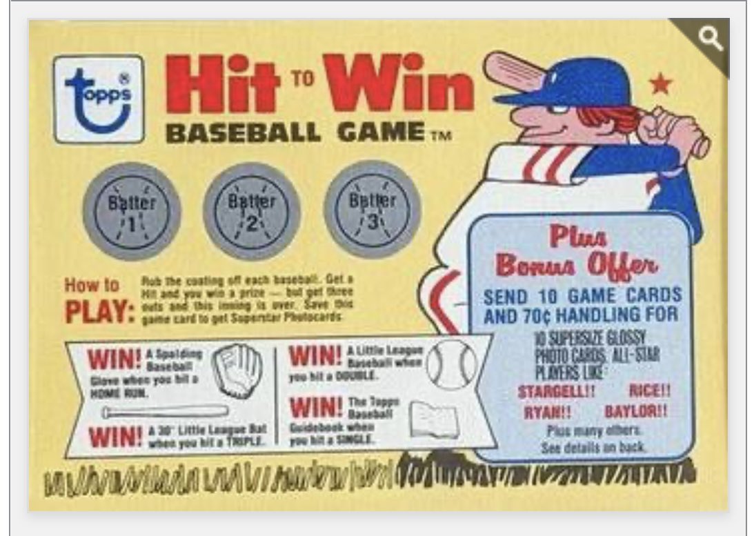 MyersCollect's tweet photo. Hey #vintage #thehobby community, anyone have a spare of this card? ISO this 1980 #Topps Hit to Win contest insert, preferably unscratched and in nice shape. This differs from the 1981 version with a different player design. Willing to buy or trade for it. Shares appreciated! https://t.co/AZ7Oy9xNmB