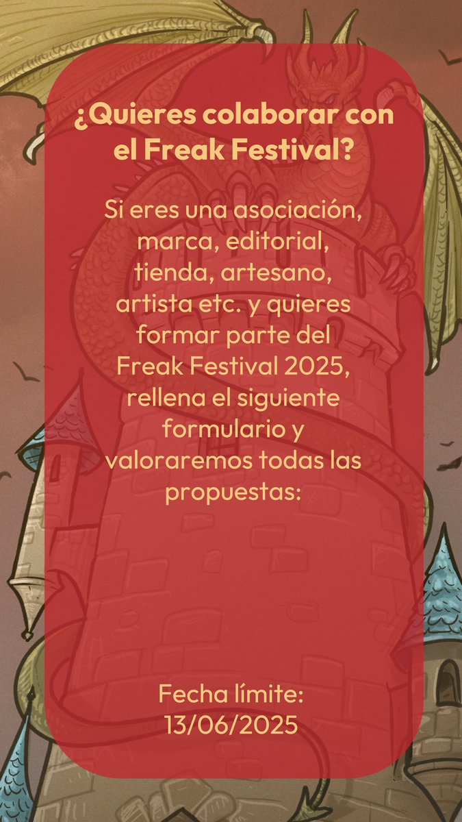 Si quieres colaborar con el Freak Festival, rellena el siguiente formulario y valoraremos todas las propuestas :)

forms.gle/Vnzg7baKUXdv9z…