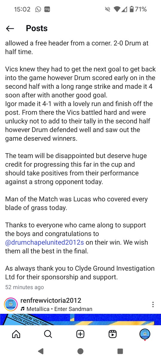 Not to be for the Vics today in the semi final of the league cup. MotM for Lucas is a positive. Hoping for a strong finish to the season for the team.