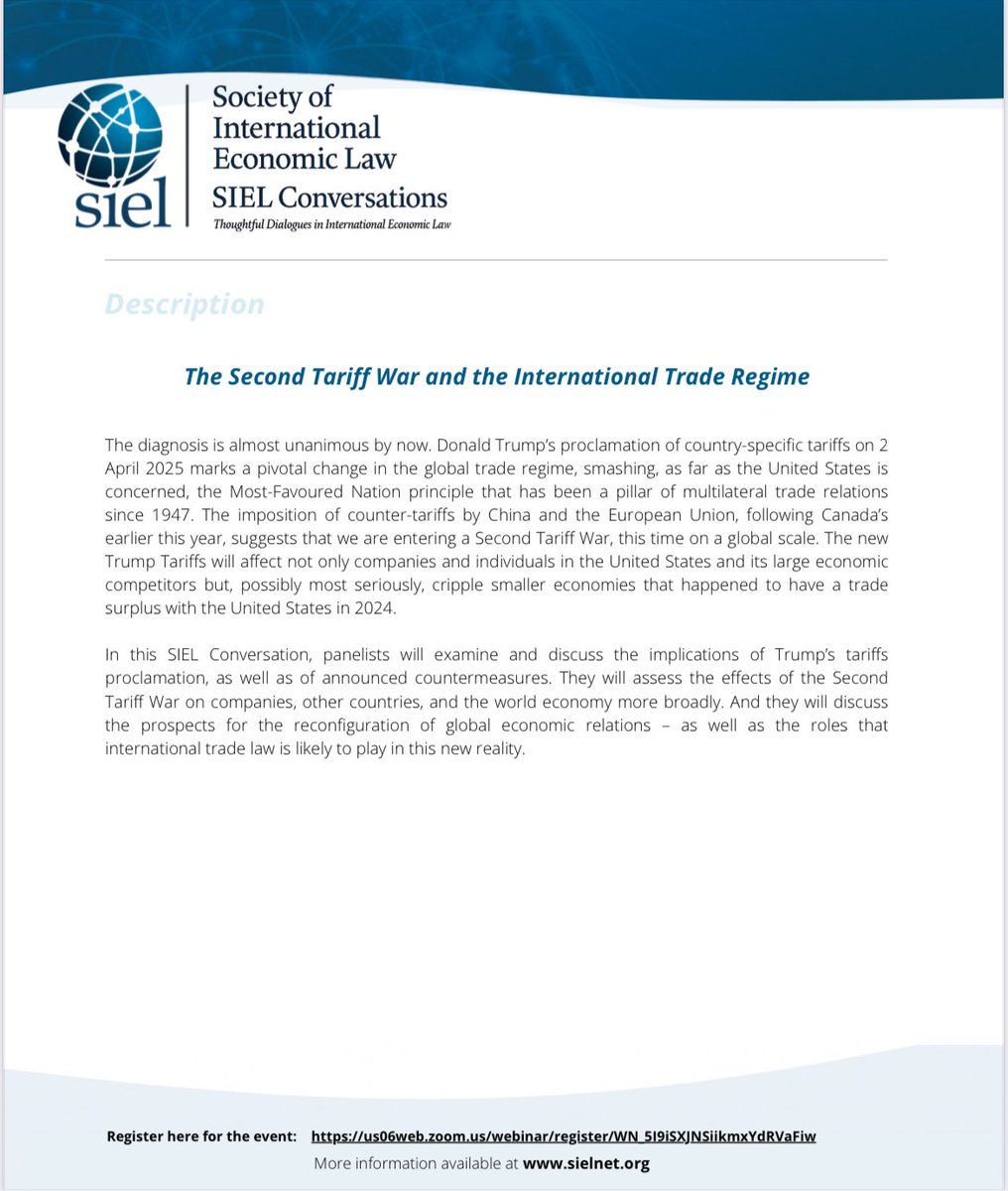 SIEL (@sielnet) on Twitter photo 📢 Join us for the next #SIEL Conversation:
“The Second Tariff War and the International Trade Regime”
🗓 7 May 2025
🎙 Speakers:
- <a href="/JTGathii/">James Thuo Gathii</a>
- Simon Schropp
- Anna Jerzewska
- <a href="/JPTrachtman/">Joel Trachtman</a>
Moderator:
- Iana Dreyer
🔗 Register here: lnkd.in/eb8riVVq 📢 Join us for the next #SIEL Conversation:
“The Second Tariff War and the International Trade Regime”
🗓 7 May 2025
🎙 Speakers:
- <a href="/JTGathii/">James Thuo Gathii</a>
- Simon Schropp
- Anna Jerzewska
- <a href="/JPTrachtman/">Joel Trachtman</a>
Moderator:
- Iana Dreyer
🔗 Register here: lnkd.in/eb8riVVq