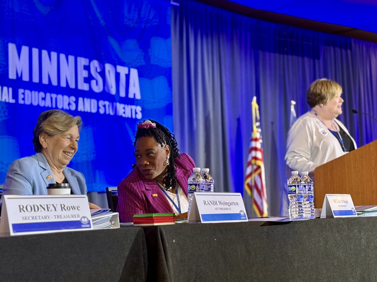 EducationMN's tweet photo. So happy to have @AFTunion President Randi Weingarten and @NEAToday President Becky Pringle at Day 2 of our 2025 Representative Convention. Stronger together, always! #edmnrc https://t.co/nN4fGqqAYg