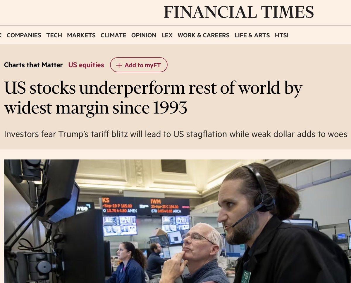 FT: "US stocks have underperformed the rest of the world this year by the widest margin in more than three decades as Donald Trump’s erratic policymaking sparks an investor exodus from American assets." #DonaldTrump #TariffWAR