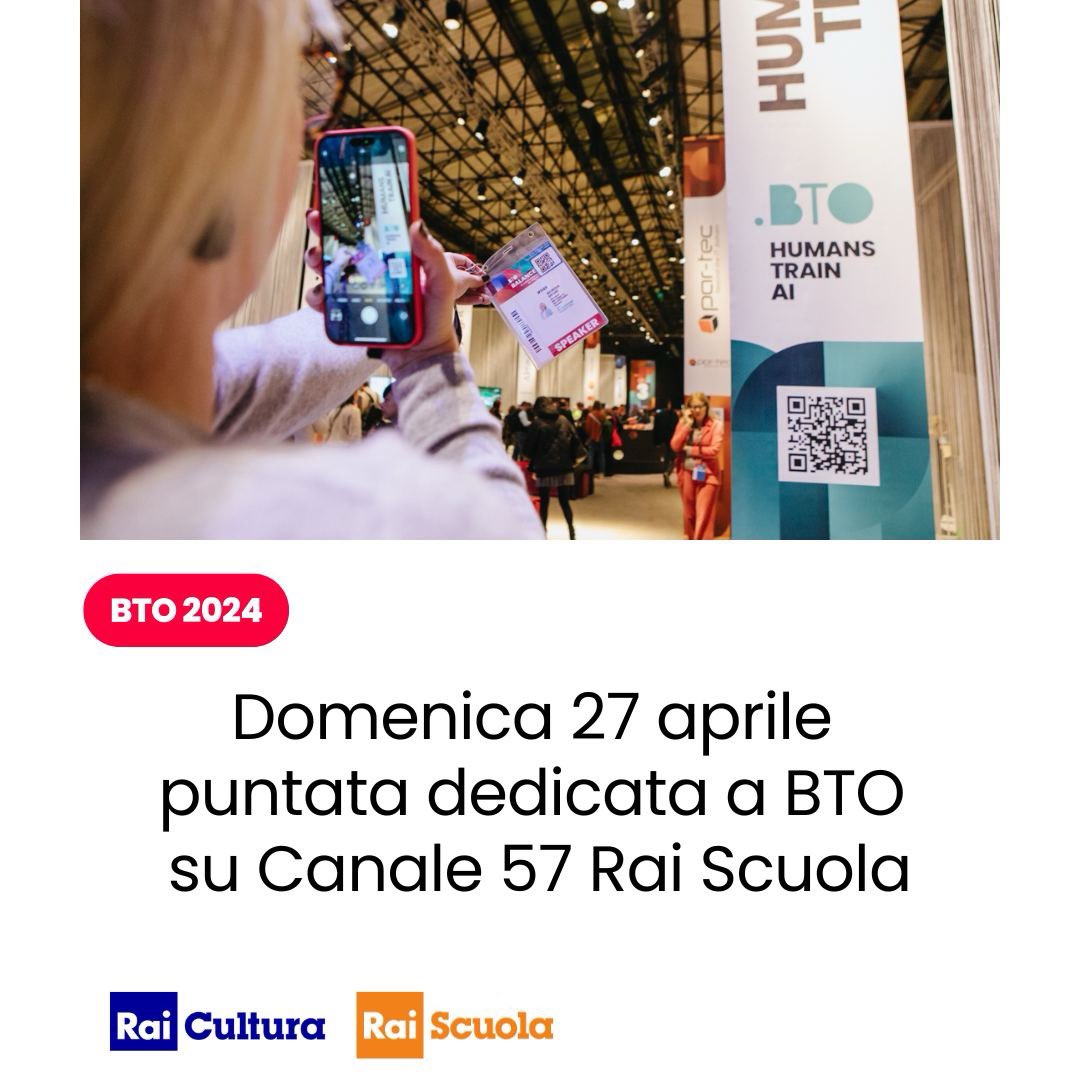 🤩 Assolutamente da non perdere! 
Domenica 27 aprile ore 15.00 su Canale 57 Rai Scuola andrà in onda la puntata monografica dedicata a BTO.  

La puntata potrà essere poi rivista su Rai Play qui 👉 raiplay.it/programmi/digi…