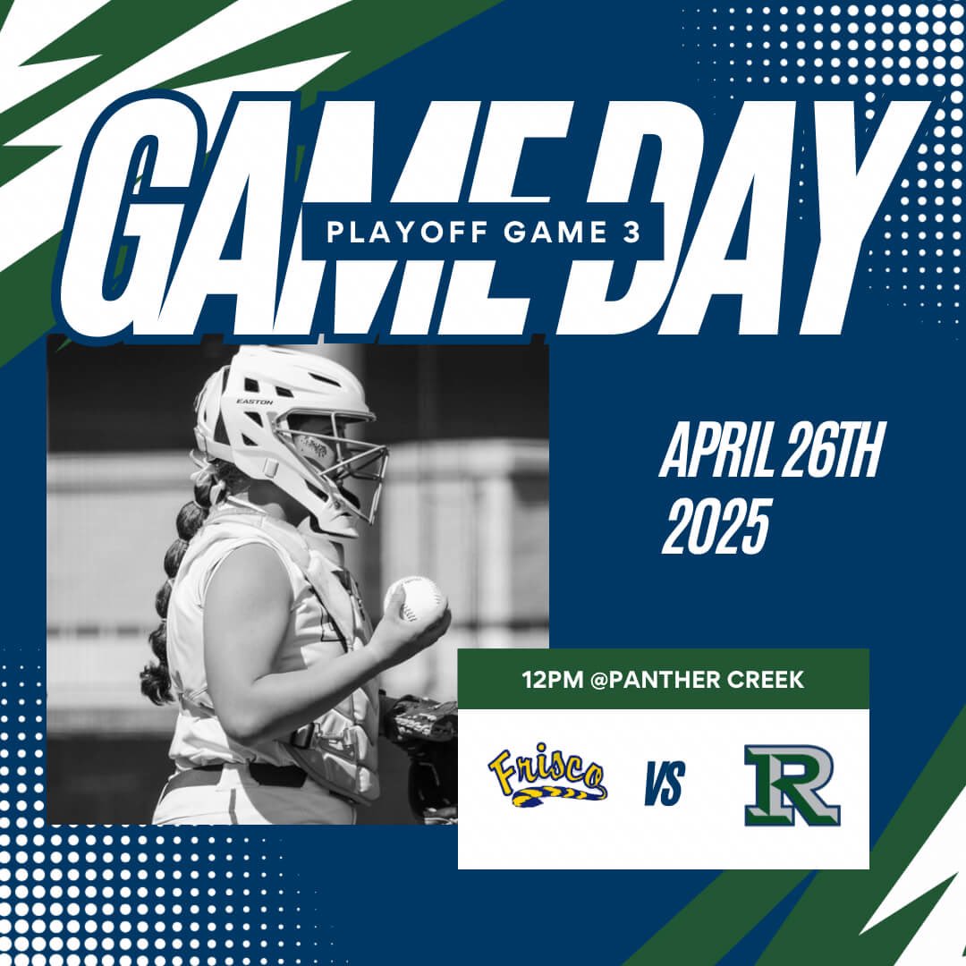 🥎Game day🥎
Bi-District Playoffs: Game 3
📍Panther Creek High School 
🆚 Frisco High School 
📆 Saturday, April 26
⏰ 12:00