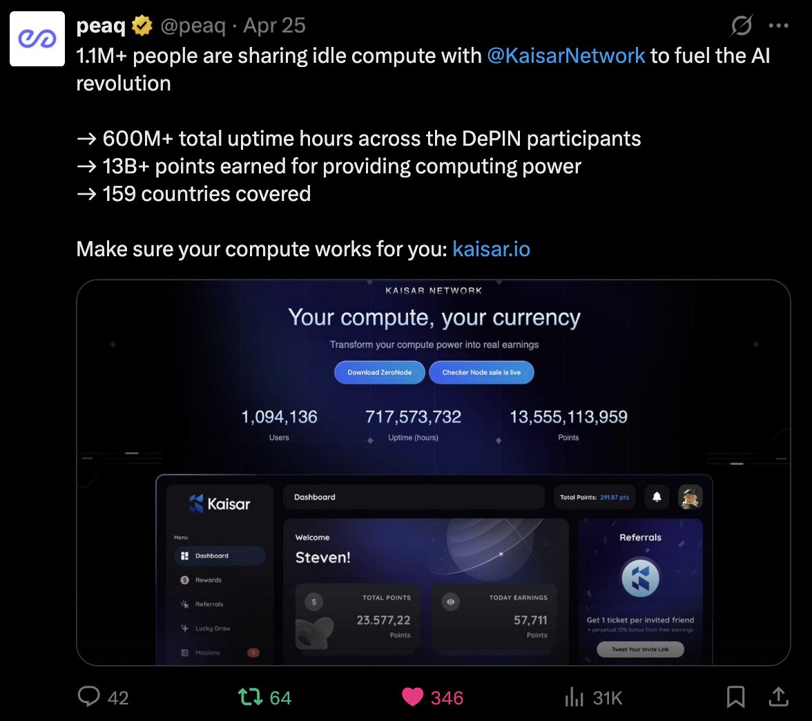 vulevn's tweet image. Together with our leading blockchain platform partner @peaq , @KaisarNetwork is more than just an AI DePIN project—we are on a mission to bridge artificial intelligence with countless practical applications that benefit society in the Web3 world.
600M+ total GPU uptime hours…
