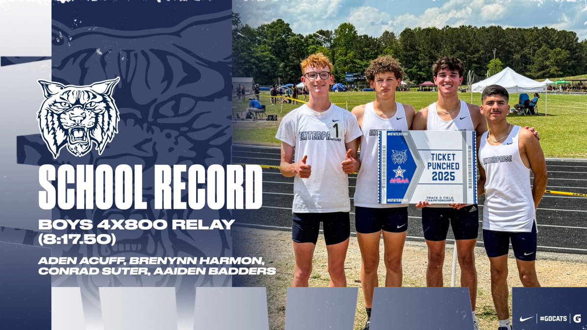 EnterpriseTF's tweet image. SCHOOL RECORD‼️
Boys 4x800 Relay
Aden Acuff
Brenynn Harmon
Conrad Suter
Aaiden Badders
| #GoCats