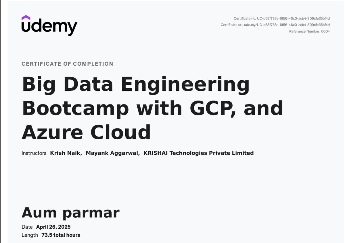 AumParmar26's tweet image. Just wrapped up an amazing 73.5-hour journey through the Big Data Engineering Bootcamp with GCP and Azure Cloud on Udemy! Feeling a great sense of accomplishment.  #BigDataJourney #GCPandAzure #UdemyLearner #TechBootcamp #DataEngineering