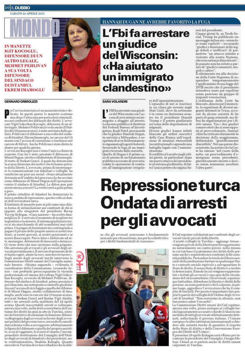 IL DUBBIO Saturday, 26 April 2025 <a href="/ildubbionews/">Il Dubbio</a>, 
<a href="/grimolizzi/">Gennaro Grimolizzi</a> with comment of <a href="/ArnauLeonardo/">Leonardo Arnau</a> of <a href="/CNF_it/">Consiglio Nazionale Forense</a>  
IN HANDCUFFS: YIGIT KOCOGLU <a href="/ygokcehank/">Yiğit Gökçehan KOÇOĞLU</a>, DEFENDER OF ANOTHER LAWYER, MEHMET PEHLIVAN, WHO IN TURN DEFENDS THE MAYOR OF ISTANBUL, EKREM IMAMOGLU

Turkish lawyers are going