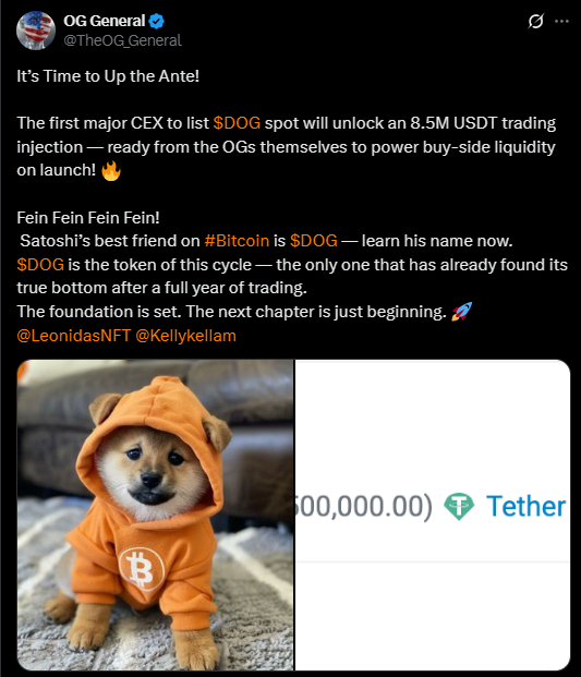 🚨JUST IN: <a href="/TheOG_General/">OG General</a>, one of the largest $DOG whales, will have 8.5M USDT in buy-side liquidity ahead of DOG's first listing on a T1 CEX 👀