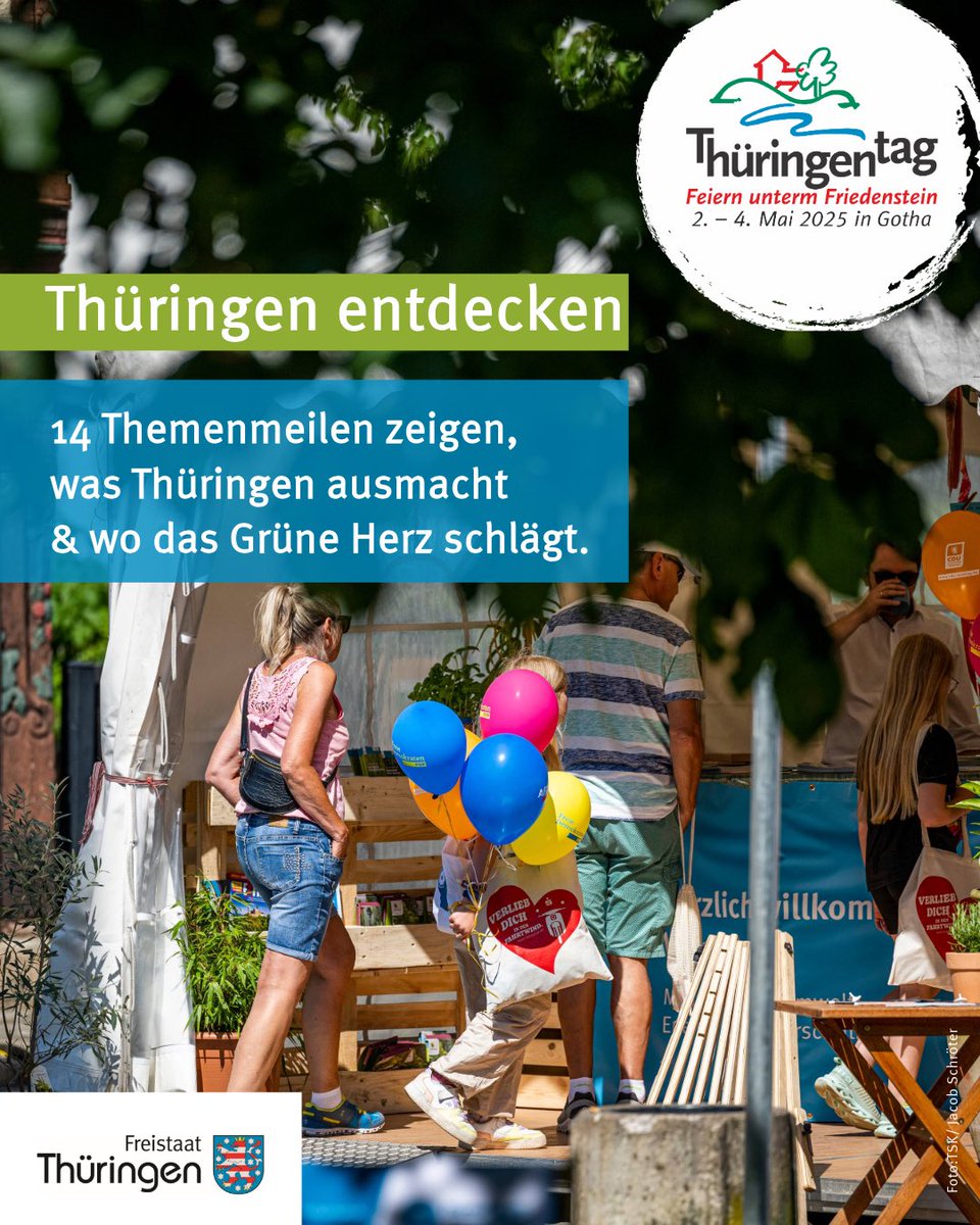 Thüringen entdecken 💚

Von Energie über Familie bis Handwerk – 
die 14 Themenmeilen beim Thüringentag zeigen eindrucksvoll, wofür Thüringen steht und wo das Grüne Herz Deutschlands schlägt.

✨ Das erwartet euch:

🔨 Spannende Einblicke in Handwerk, Landwirtschaft &amp; Industrie
🧒