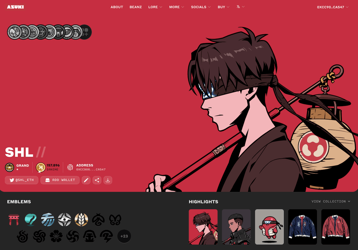 The Collector’s Profile goes way harder than I expected.

I've started stacking up my Emblems, and it's been fun watching the profile slowly come together.

Still a long way to go, but the current lineup so far:

• Azuki OG
• Azuki Elemental
• Beanz
• Both Twin Tiger Jackets