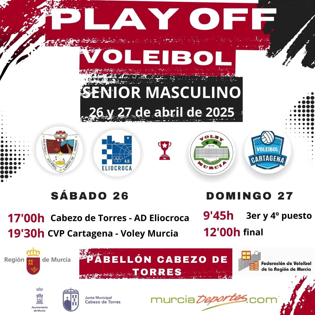 🏐¡Hoy comienza el Play Off de Voleibol Senior Masculino en Cabezo de Torres! 

📢Ven a animar al equipo de tu pueblo.
#cabezodetorresadelante