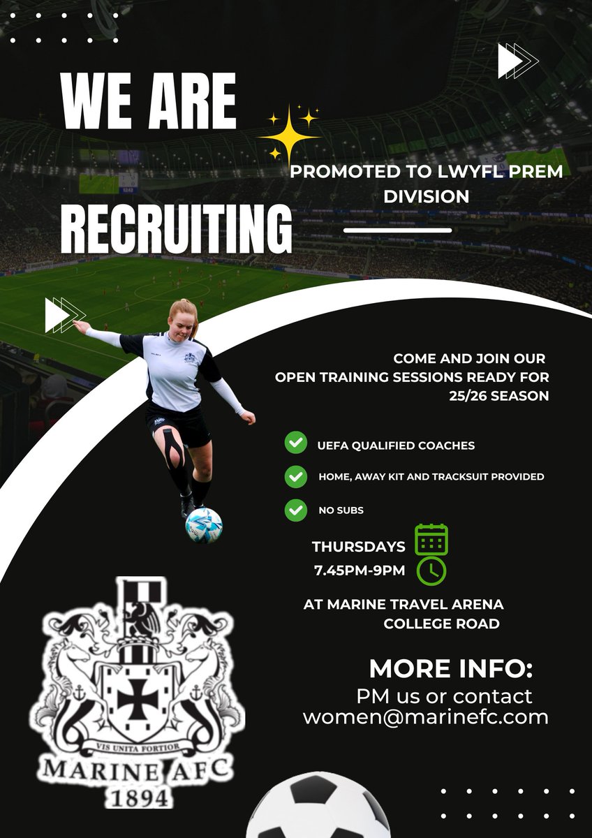 Marine FC Women (@marinewfc) on Twitter photo We are looking to recruit ahead of next season.
We are looking to add experienced players to our squad.
Dm us or send us an email if you are interested.
<a href="/MarineAFC/">Marine Football Club</a> <a href="/LiverpoolWYFL/">Liverpool Womenβs & Youth Football League</a> We are looking to recruit ahead of next season.
We are looking to add experienced players to our squad.
Dm us or send us an email if you are interested.
<a href="/MarineAFC/">Marine Football Club</a> <a href="/LiverpoolWYFL/">Liverpool Womenβs & Youth Football League</a>