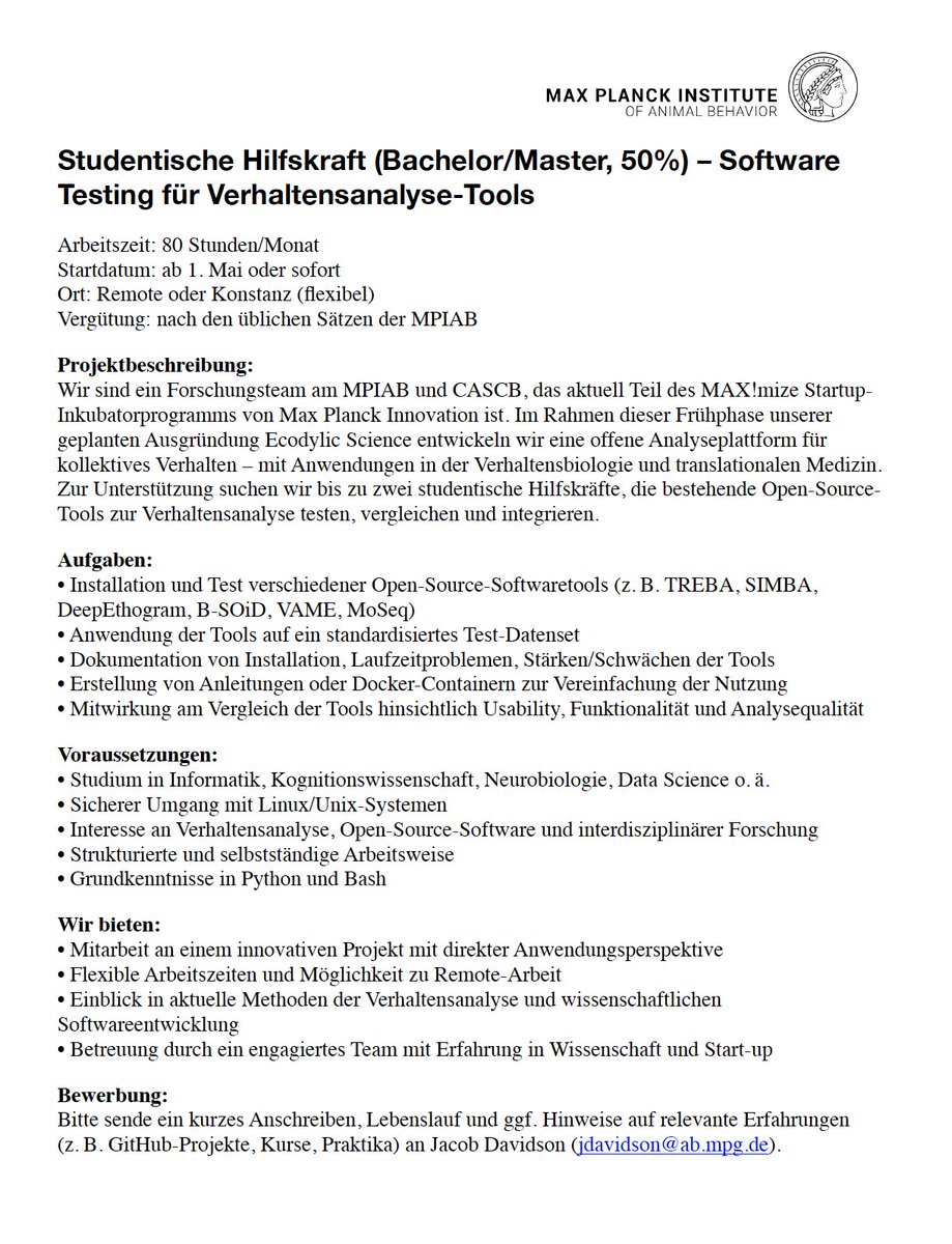 zamakany's tweet photo. Job ad 🙌🏾 Job opportunity for students enrolled in a German university, come work with me and @
@j_d_davidson as part of Ecodylic Science team @ecodylic team , the job can begin immediately.   

We are a research team at MPIAB and CASCB currently participating in the MAX!mize startup incubator program by Max Planck Innovation. As part of the early-stage development of our planned spin-off Ecodylic Science, we are building an open analysis platform for collective behavior, with applications in behavioral biology and translational medicine. We are looking for up to two student assistants to help us evaluate, compare, and integrate existing open-source tools for animal behavior analysis.
@MPI_animalbehav