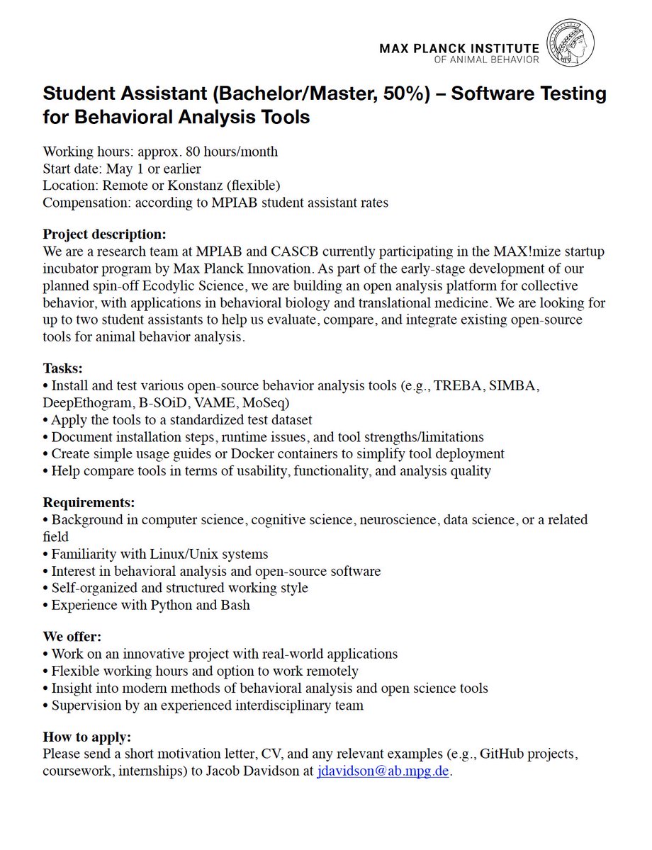 zamakany's tweet photo. Job ad 🙌🏾 Job opportunity for students enrolled in a German university, come work with me and @
@j_d_davidson as part of Ecodylic Science team @ecodylic team , the job can begin immediately.   

We are a research team at MPIAB and CASCB currently participating in the MAX!mize startup incubator program by Max Planck Innovation. As part of the early-stage development of our planned spin-off Ecodylic Science, we are building an open analysis platform for collective behavior, with applications in behavioral biology and translational medicine. We are looking for up to two student assistants to help us evaluate, compare, and integrate existing open-source tools for animal behavior analysis.
@MPI_animalbehav