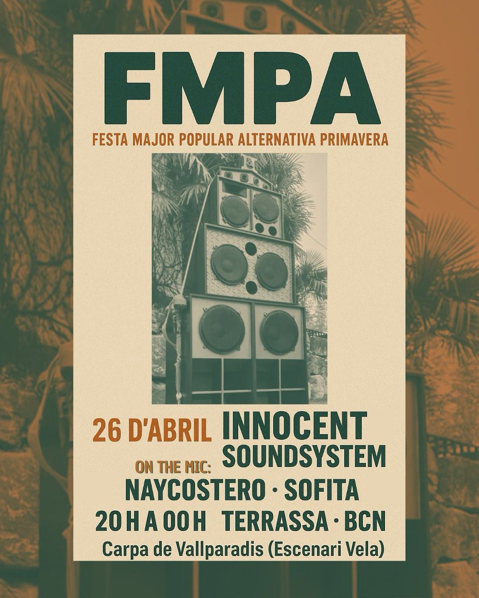 📣 La #FMPA de Primavera 2025 ja és aquí!  Avui és el dia!

🗓 Dissabte 26 d'Abril
🕓 De 18h a 01h
📍 A la Carpa del #ParcDeVallparadís #Terrassa

Per unes festes autogestionades, anticapitalistes i feministes!
✊🏼💪🏼❤🖤💜💪🏼✊🏼