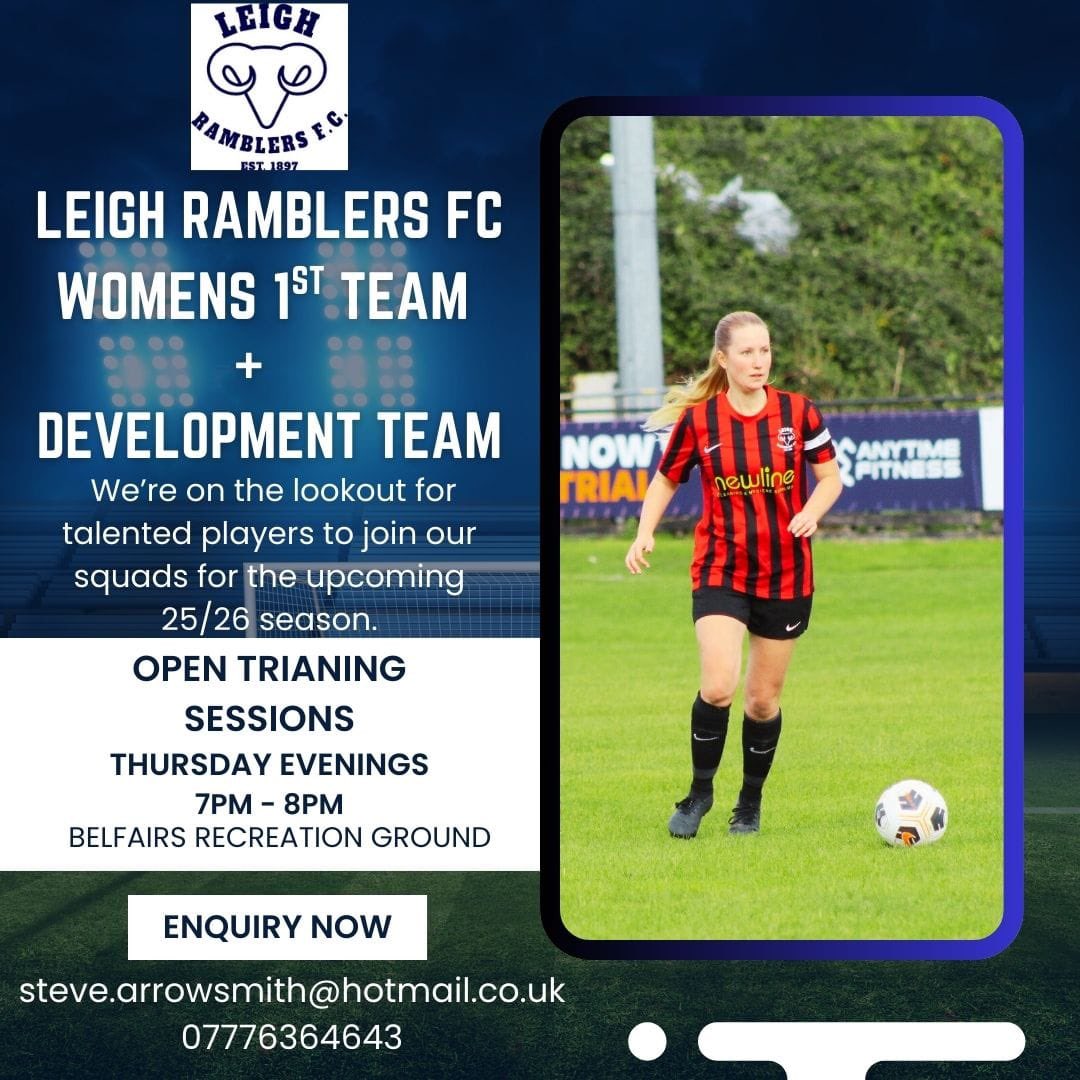 Leigh Ramblers Ladies (@ramblersladies) on Twitter photo Looking for new players for 25/26 season. Please get in touch if you are interested!🔵⚫️ Looking for new players for 25/26 season. Please get in touch if you are interested!🔵⚫️