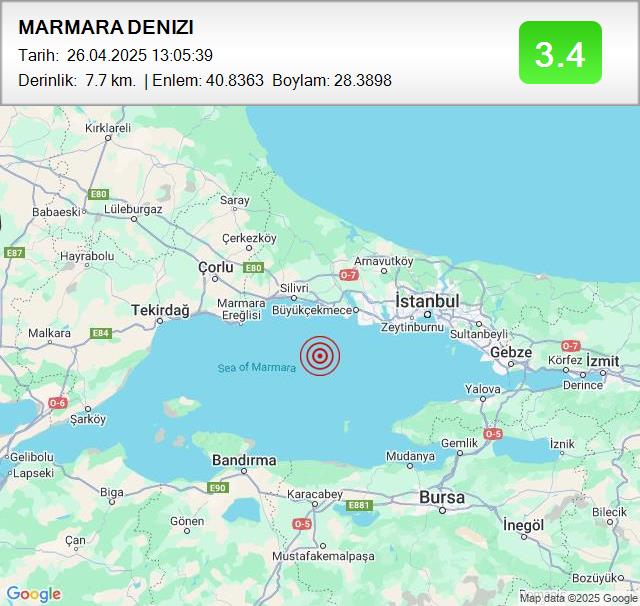 MARMARA DENIZI
Büyüklük: 3.4
Tarih:
 26.04.2025
Saat:
 13:05:39
Derinlik:
 7.7 km #deprem