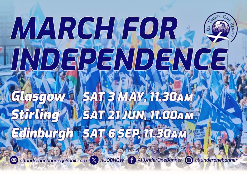 ANNUAL MARCH AND RALLY FOR SCOTTISH INDEPENDENCE 🏴󠁧󠁢󠁳󠁣󠁴󠁿

GLASGOW, SATURDAY 3RD MAY

KELVIN WAY TO GLASGOW GREEN 

LEAVING 11.30AM SHARP

BRING YOUR BANNERS, PLACARDS, MEGAPHONES, FLAGS, PIPES &amp; DRUMS !

MARCH FOR INDEPENDENCE. #AUOB 🏴󠁧󠁢󠁳󠁣󠁴󠁿