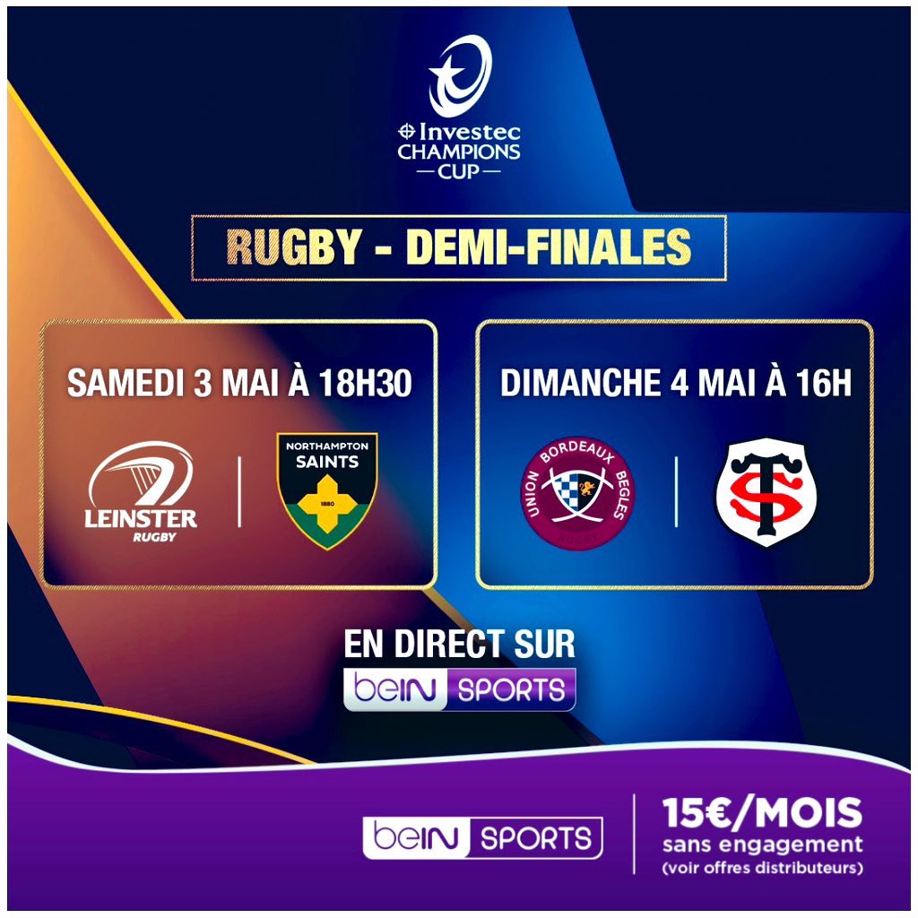 ⏰ Rdv dans 1 semaine pour la 1/2F attendue de <a href="/ChampionsCup/">Investec Champions Cup</a> <a href="/UBBrugby/">Union Bordeaux Bègles</a> v <a href="/StadeToulousain/">Stade Toulousain</a> 
Dispositif exceptionnel dès 13h sur <a href="/beinsports_FR/">beIN SPORTS</a> 2️⃣ en direct du Matmut Atlantique 🎺