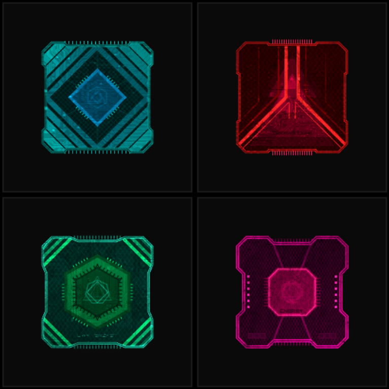 NetspectreGame's tweet photo. There are currently about 80 components in Netspectre and we're making a unique look for each. These four are kernels, which are the heart of your machine; like a CPU with the OS hardwired right into its bare metal // #cyberpunk #hacker #roguelike #screenshotsaturday https://t.co/nElFT4Lbxk