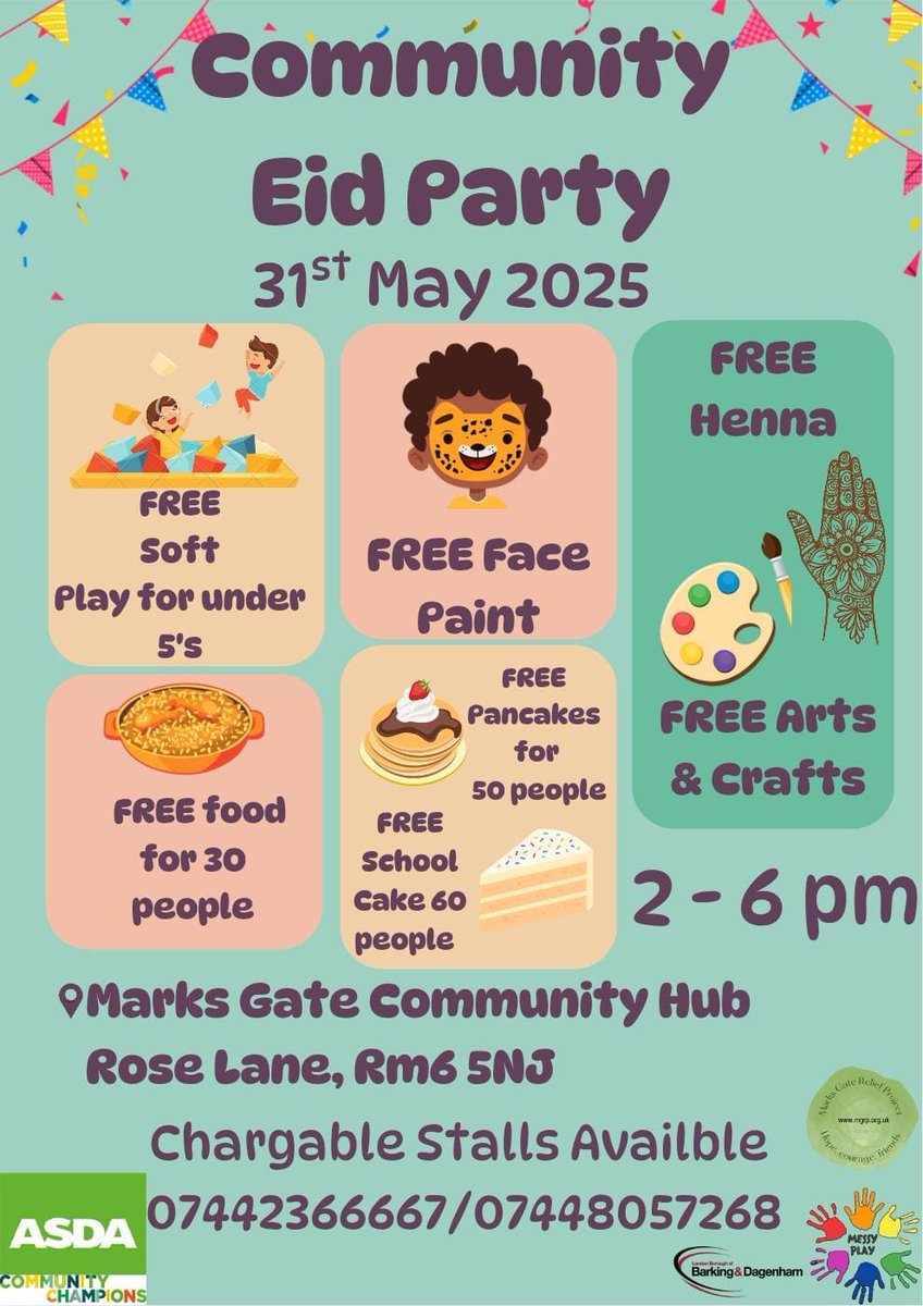 Celebrating Asda’s 60 Years with a Fun-Filled Community Eid Party!*

Come and join us on 31st May 2025 at the Marks Gate Community Hub, Rose Lane, RM6 5NJ for an exciting afternoon of celebration!

⏰ Time: 2 PM – 6 PM

Enjoy a variety of FREE activities for the whole family.