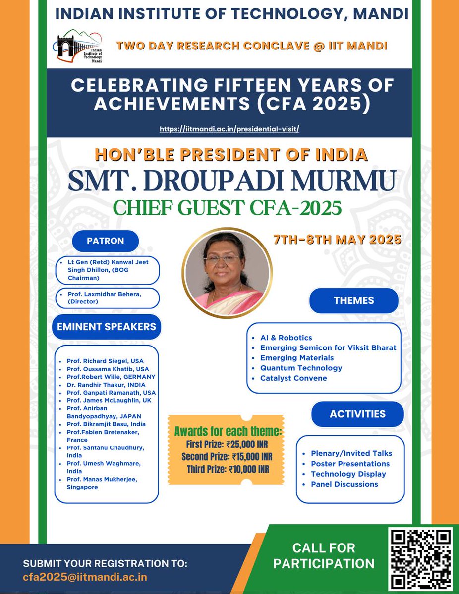 Director, IIT Mandi (@dir_iit_mandi) on Twitter photo Very glad to inform <a href="/iit__mandi/">IIT Mandi</a> is celebrating her 15 years of achievements by organizing two-day research conclave: 7-8 May 2025. The honorable President of India will deliver the inaugural address on 7th May - a momentous occasion.
<a href="/EduMinOfIndia/">Ministry of Education</a> <a href="/PMOIndia/">PMO India</a> <a href="/rashtrapatibhvn/">President of India</a> Very glad to inform <a href="/iit__mandi/">IIT Mandi</a> is celebrating her 15 years of achievements by organizing two-day research conclave: 7-8 May 2025. The honorable President of India will deliver the inaugural address on 7th May - a momentous occasion.
<a href="/EduMinOfIndia/">Ministry of Education</a> <a href="/PMOIndia/">PMO India</a> <a href="/rashtrapatibhvn/">President of India</a>
