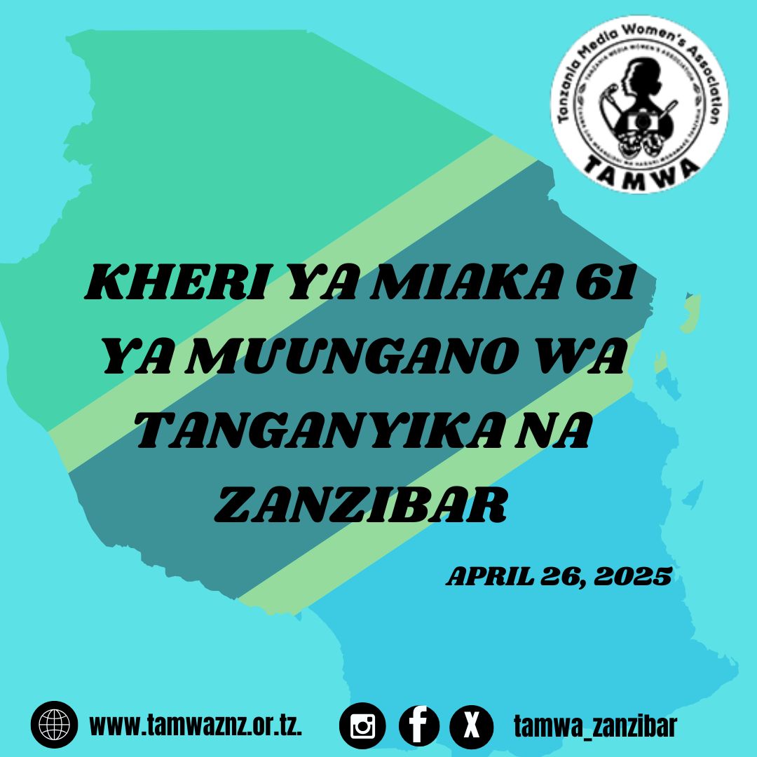 TAMWA Zanzibar (@tamwa_zanzibar) on Twitter photo Kheri ya Miaka 61 ya Muungano π€ wa Tanganyika na Zanzibar!
TAMWA-ZNZ inaungana na Watanzania wote kuadhimisha miaka 61 ya Muungano kwa kuendelea kuhimiza haki, usawa na maendeleo kwa wote.
#Muungano61 #KheriYaMuungano #TAMWAZNZ Kheri ya Miaka 61 ya Muungano π€ wa Tanganyika na Zanzibar!
TAMWA-ZNZ inaungana na Watanzania wote kuadhimisha miaka 61 ya Muungano kwa kuendelea kuhimiza haki, usawa na maendeleo kwa wote.
#Muungano61 #KheriYaMuungano #TAMWAZNZ