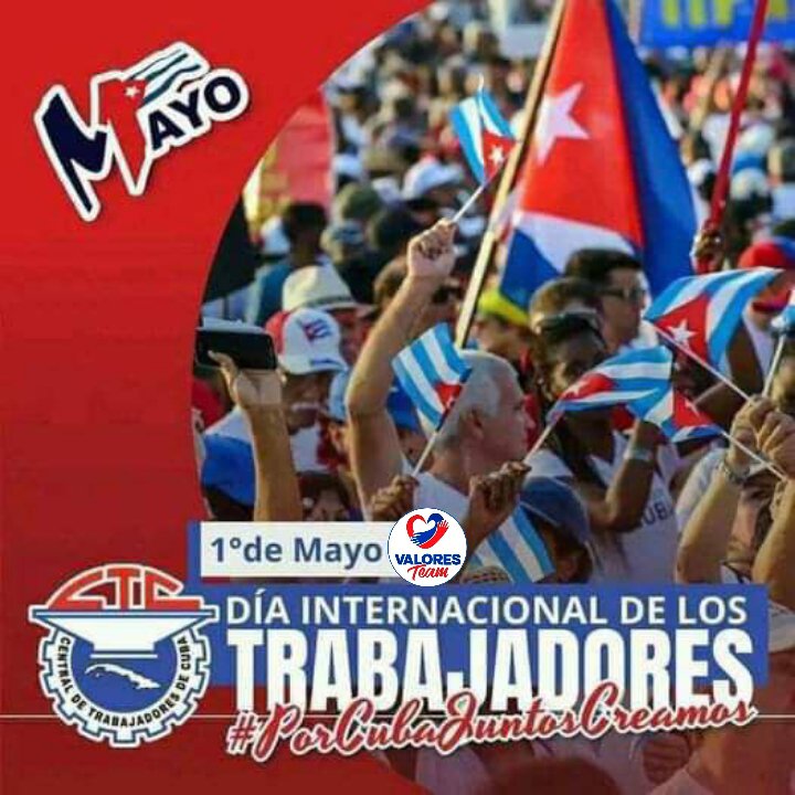 #PorCubaJuntosCreamos
✳️Solo faltan 4 días, para que el pueblo de Cuba 🇨🇺, una vez más unido✊ celebremos la fiesta de los trabajadores #1Mayo.

✨Una muestra de amor palpable prendida en el alma de los cubanos.

👉¡Que nadie falte a las plazas!
#ValoresTeam🕊️