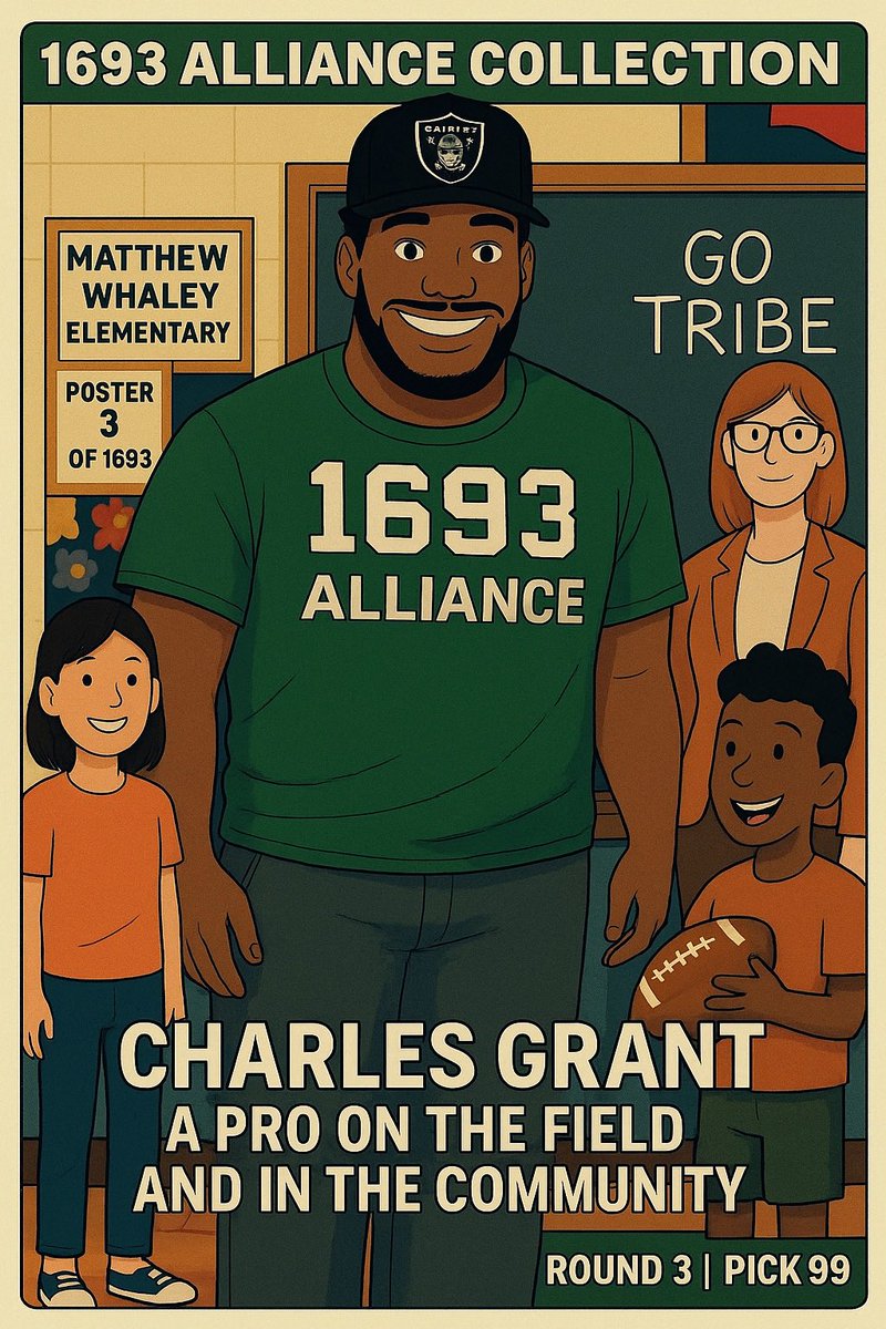 “Big news!

Today we drop Poster 3 of 1693, celebrating Charles Grant — now officially a Las Vegas Raider!

Charles was selected in Round 3, Pick 99 overall in the NFL Draft, and we couldn’t be prouder.

A dominant force on the field and a difference-maker off it, Charles helped